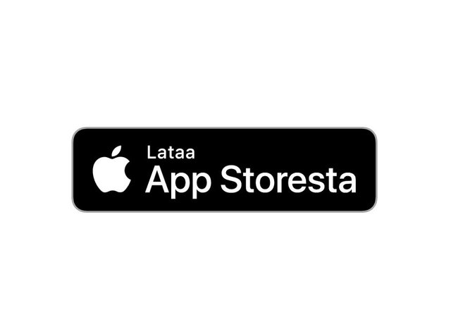 Musta suorakulmainen painike valkoisella tekstillä, jossa lukee "Lataa App Storesta" ja Apple-logo, mikä indicaa ladattavaa sovellusvaihtoehtoa.