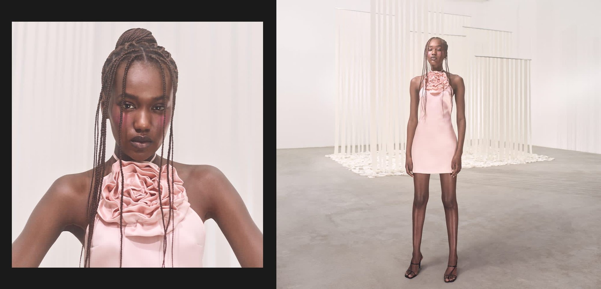 Sleeveless pink mini dress with a floral ruffle detail at the neckline. Smooth fabric, fitted silhouette, and thin straps. Plain background.