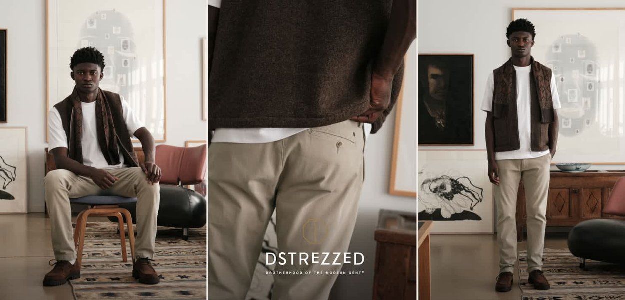 Dark brown wool vest over a white T-shirt, beige trousers, and brown shoes. Neat fit and clean lines with minimal hardware.
