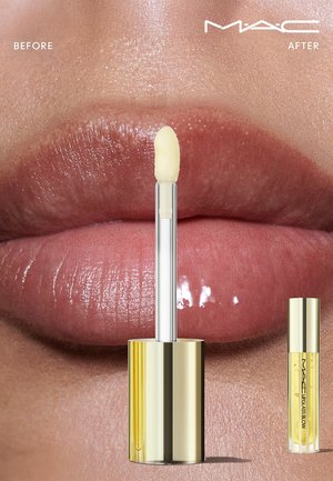 Lip gloss with a clear formula, featuring a gold cylindrical cap and a doe-foot applicator. Glossy finish enhances natural lip color.
