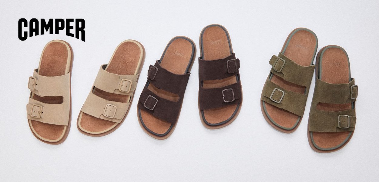 Drei Paar Camper-Sandalen in Beige, Dunkelbraun und Olivgrün, jeweils mit zwei verstellbaren Schnallen, auf weißem Hintergrund dargestellt.