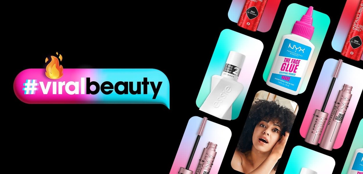 Grafik mit Schönheitsprodukten: Nagellack, Primer, Mascara, alle in unterschiedlichen Farben. Text "#viralbeauty" in lebendigem Farbverlauf mit Flammen-Icon.