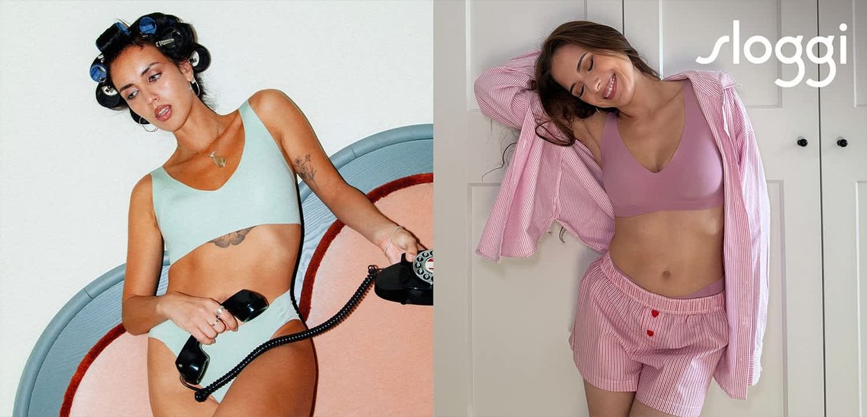 Due donne in abbigliamento rilassato: a sinistra in reggiseno e mutandine verde chiaro, a destra in una camicia a righe rosa e pantaloni coordinati. Entrambe appaiono casual e comode.