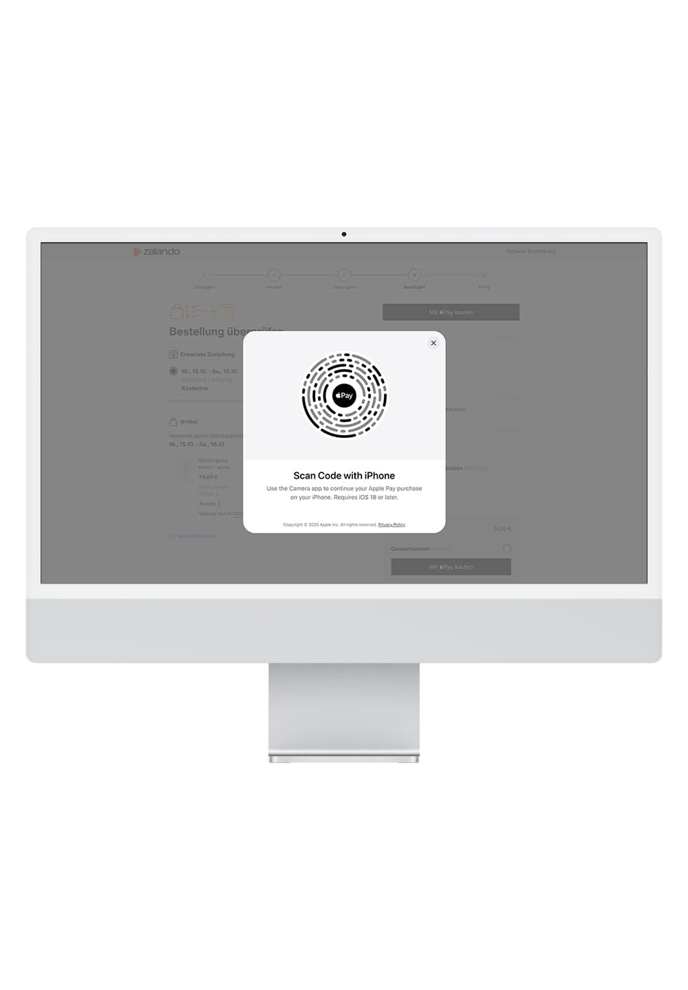 Weißer Desktop-Monitor, der eine digitale Zahlungsoberfläche mit einem kreisförmigen QR-Code und Anweisungen zum Scannen mit einem iPhone anzeigt.