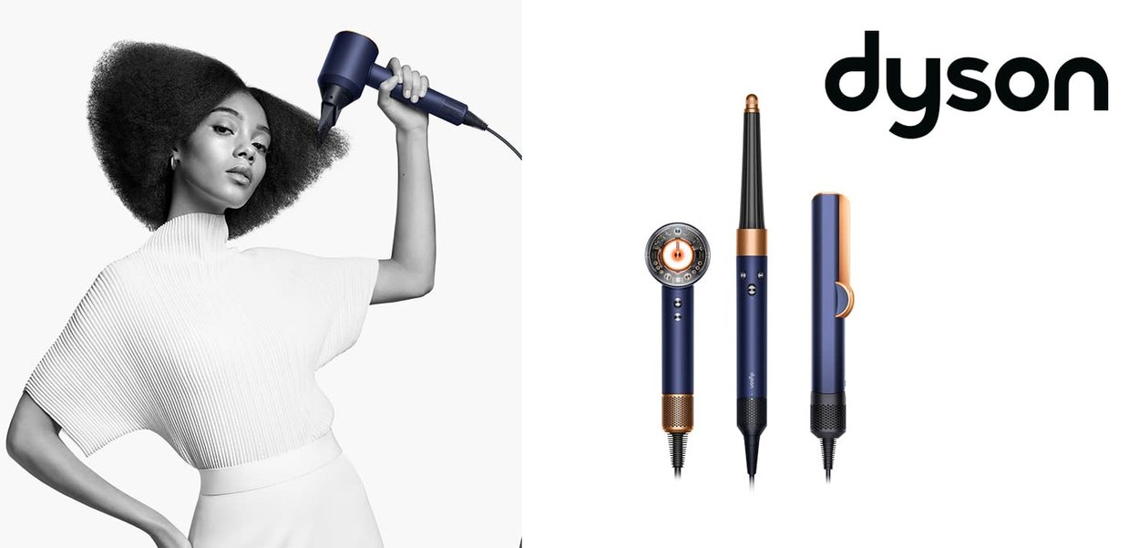 Dyson stylingværktøjer med et elegant design i blå og guld. Indeholder en hårtørrer og to vedhæftninger med teksturerede greb og runde kontrolknapper.