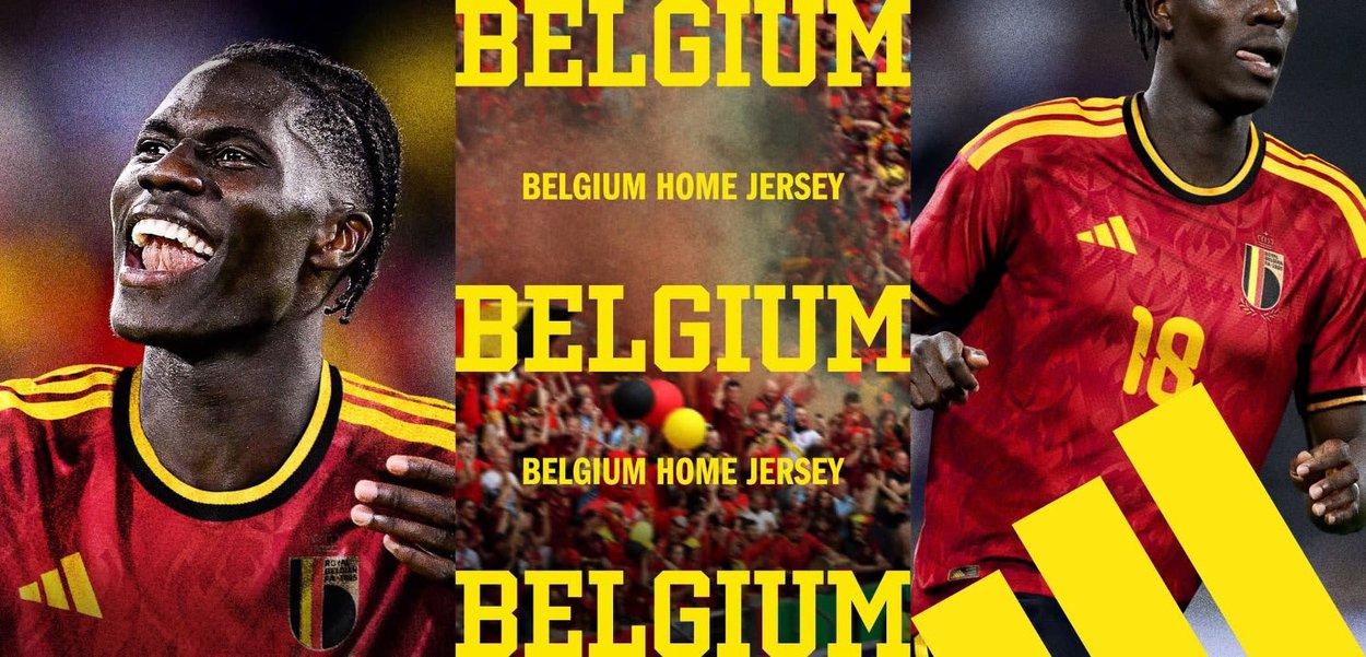 Maillot domicile de la Belgique en rouge avec des accents noirs et jaunes. Présente un col rond, des motifs et la marque Adidas. Affiche "Belgique" de manière bien visible.