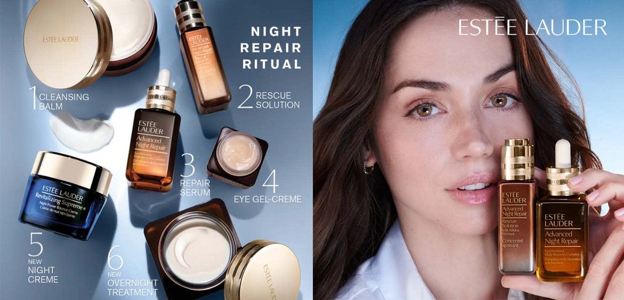 Produits de soin Estée Lauder sur un fond bleu. Comprend un baume nettoyant, des sérums nocturnes et des crèmes dans divers contenants en verre et en plastique.