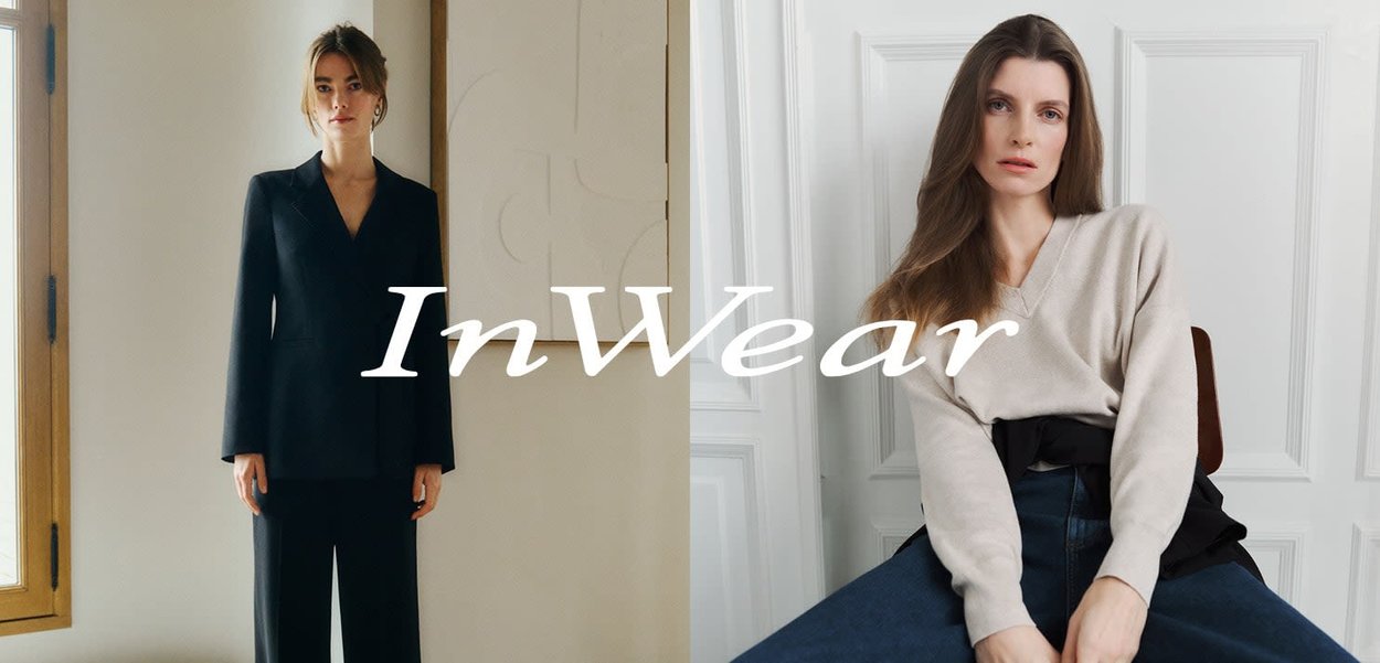 A sinistra, un completo nero su misura, con un blazer strutturato e pantaloni a gamba larga. A destra, un maglione beige chiaro a scollo a V abbinato a jeans scuri.