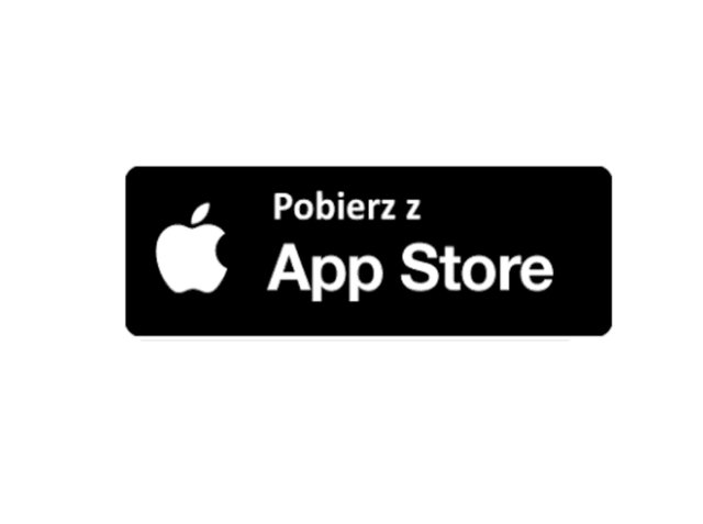 Czarny prostokątny przycisk z białym napisem „Pobierz z App Store” oraz logo Apple, wskazujący na możliwość pobrania z App Store.