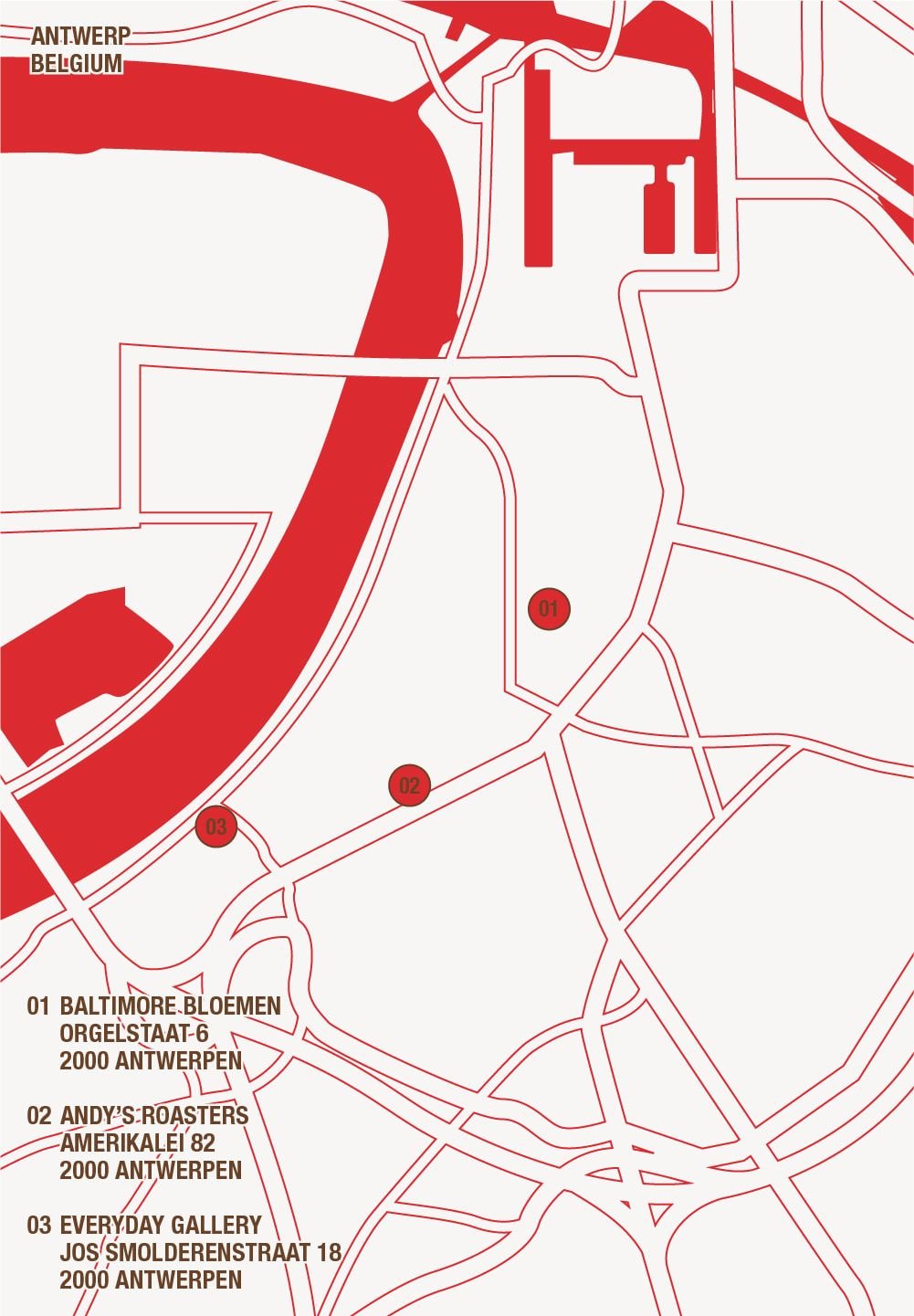 Kaart van Antwerpen, België, met dikke rode lijnen voor wegen en bezienswaardigheden, en drie genummerde locatie-markeringen in cirkels voor specifieke adressen.