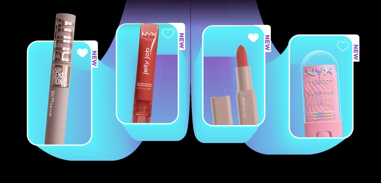 Vier Kosmetikprodukte vor schwarzem Hintergrund: Maybelline Lash Sensational Mascara, NYX Jelly Job Lipgloss, nuden Lippenstift und NYX Watermelon Stick.