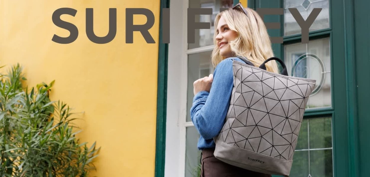 Grauer Rucksack mit geometrischem Muster und schwarzen Akzenten, aus langlebigem Material, ausgestattet mit einem oberen Griff und verstellbaren Trägern.