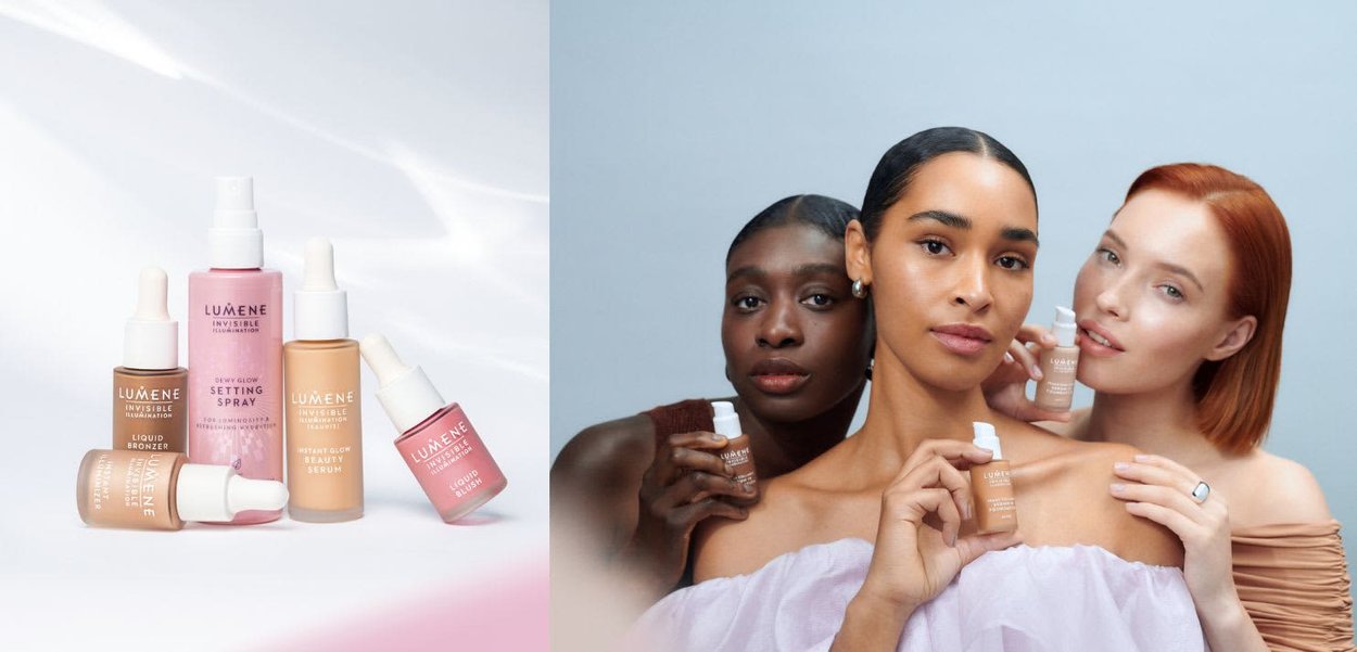 Lumene kosmetikkflasker i ulike former: flytende bronzer, fixeringsspray, skjønnhetsserum og flytende rouge, som viser rosa og beige nyanser.
