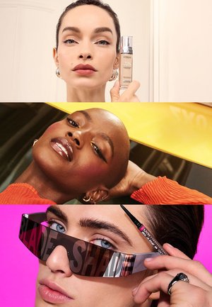 Tre modeller vises: den øverste holder en foundationflaske, den midterste har kraftig makeup og en orange sweater, og den nederste bærer solbriller med teksten "SHADE".