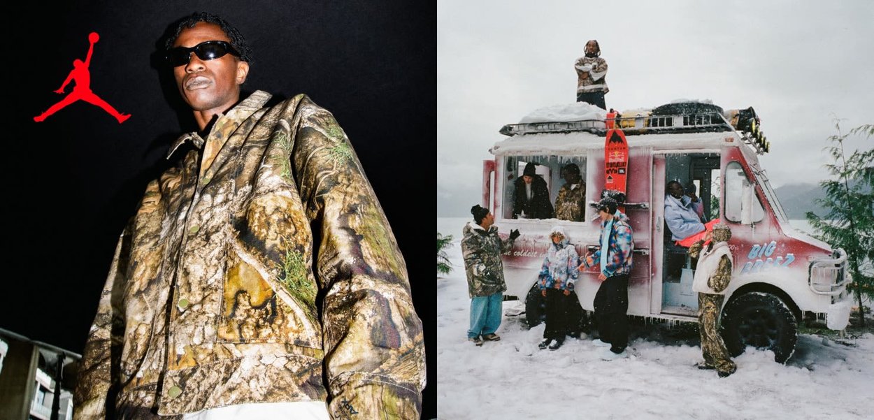 Giacca con stampa mimetica, colletto alto e bottoni a pressione. Due figure in abbigliamento invernale vicino a un camion di cibo coperto di neve in un paesaggio innevato.