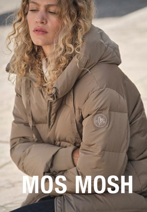Padded jacket in beige with a high collar and hood. Features a logo patch on the sleeve and zip closure. Text reads "MOS MOSH."