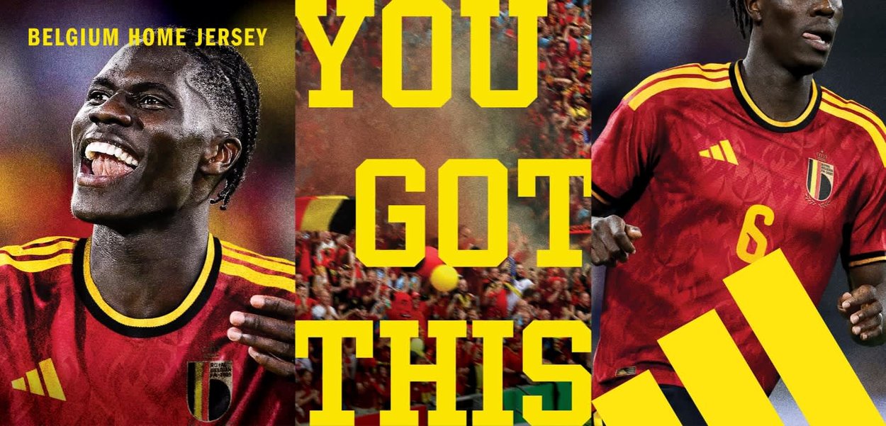 Deux joueurs de football portant des maillots rouges de l'équipe nationale belge avec des rayures jaunes, célébrant et courant, avec en lettres jaunes grandes au centre "VOUS POUVEZ LE FAIRE".