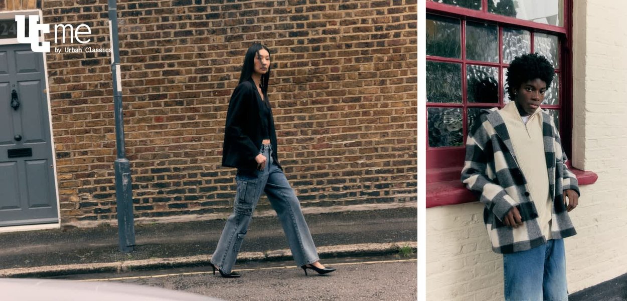 Schwarzes Blazer, kurzes Top und hellblaue weitgeschnittene Jeans an einem Model, das läuft. Zweites Model in einem schwarz-weißen karierter Mantel vor einem Fenster.
