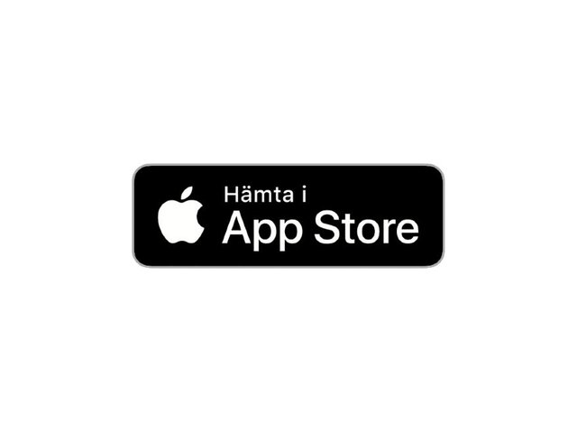 Svart rektangulär knapp med vit text "Hämta i App Store" ovanför Apple-logotypen. Enkel design, inga ytterligare grafik eller texturer.
