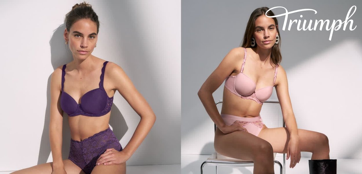 Fioletowy koronkowy biustonosz i majtki z wysokim stanem po lewej; różowy koronkowy biustonosz z dopasowanymi majtkami po prawej. Oba mają regulowane ramiączka i gładkie tekstury.