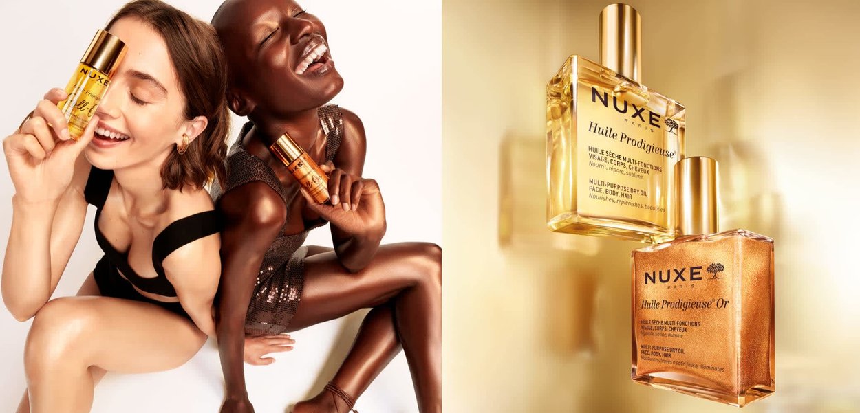 Butelki NUXE Huile Prodigieuse: jedna przezroczysta z złotą nakrętką, druga złota. Obie posiadają eleganckie etykiety opisujące wielofunkcyjne zastosowanie pielęgnacyjne.
