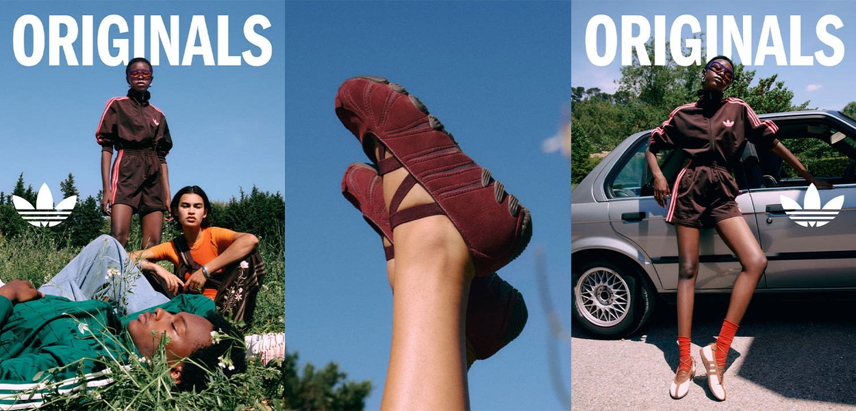 Collage in tre parti che mostra modelli all'aperto con abbigliamento sportivo casual, un primo piano di scarpe casual color bordeaux contro un cielo blu e un modello appoggiato a un'auto d'epoca.