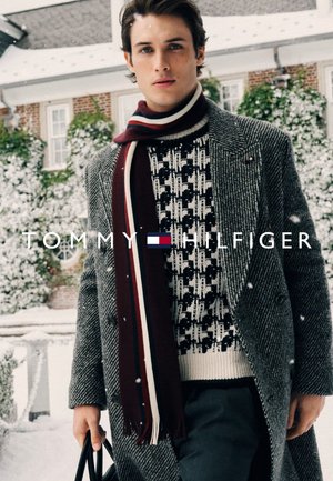 Szary płaszcz w kratę houndstooth, sweter w czarno-biały wzór, bordo szalik z białymi i niebieskimi paskami, trzyma czarną torbę, zaśnieżone tło.