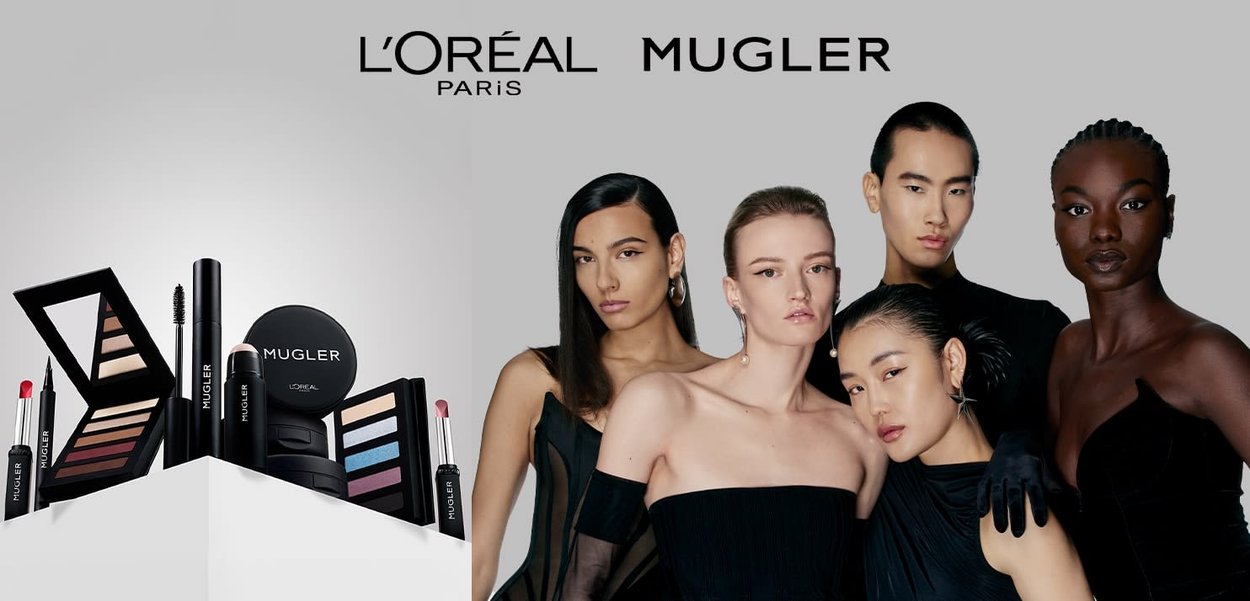 Produkty kosmetyczne L'Oréal Paris Mugler w eleganckim czarnym opakowaniu, w tym pomadki, palety cieni do powiek oraz różnorodne narzędzia do makijażu.