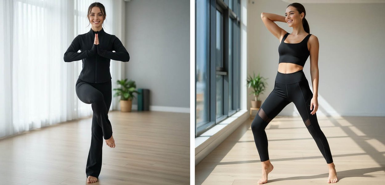 Zwei Frauen in Sportbekleidung: links mit einer enganliegenden schwarzen Jacke mit Reißverschluss und Hose, rechts mit einem schwarzen Crop-Top und hochtaillierten Leggings mit Mesh-Details.