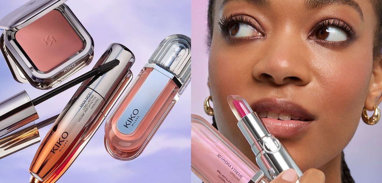 Produits de maquillage comprenant du fard à joues, du mascara, du gloss à lèvres, et une femme appliquant du rouge à lèvres transparent avec des paillettes roses sur ses lèvres.