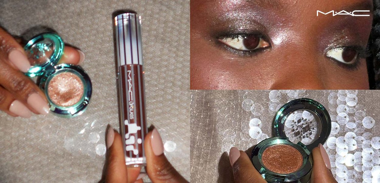 Dos compacts redondeados de color azul verdoso contienen sombra de ojos cobriza con brillo. Un producto labial líquido marrón se presenta con un tubo plateado. El tono de piel es medio.