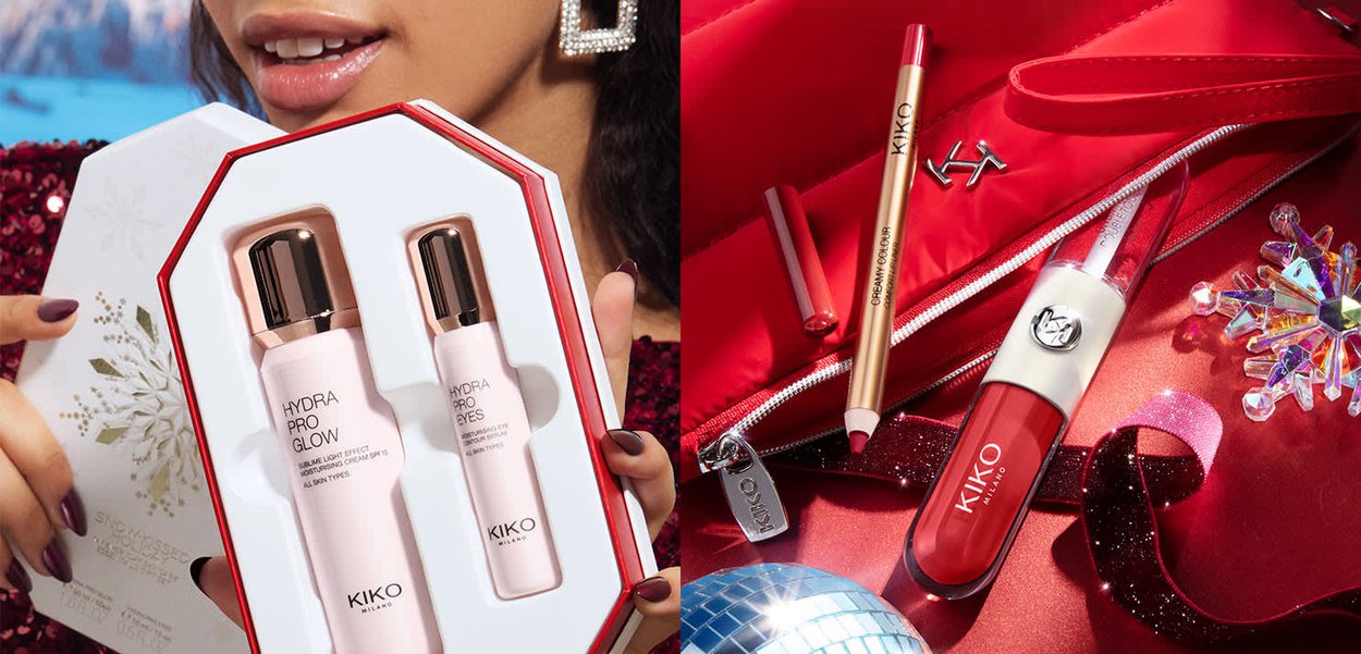 Ensemble de produits de soin de la peau et de maquillage dans une boîte cadeau rouge et blanche, comprenant des flacons roses et un produit pour les lèvres rouge dans un tube brillant.