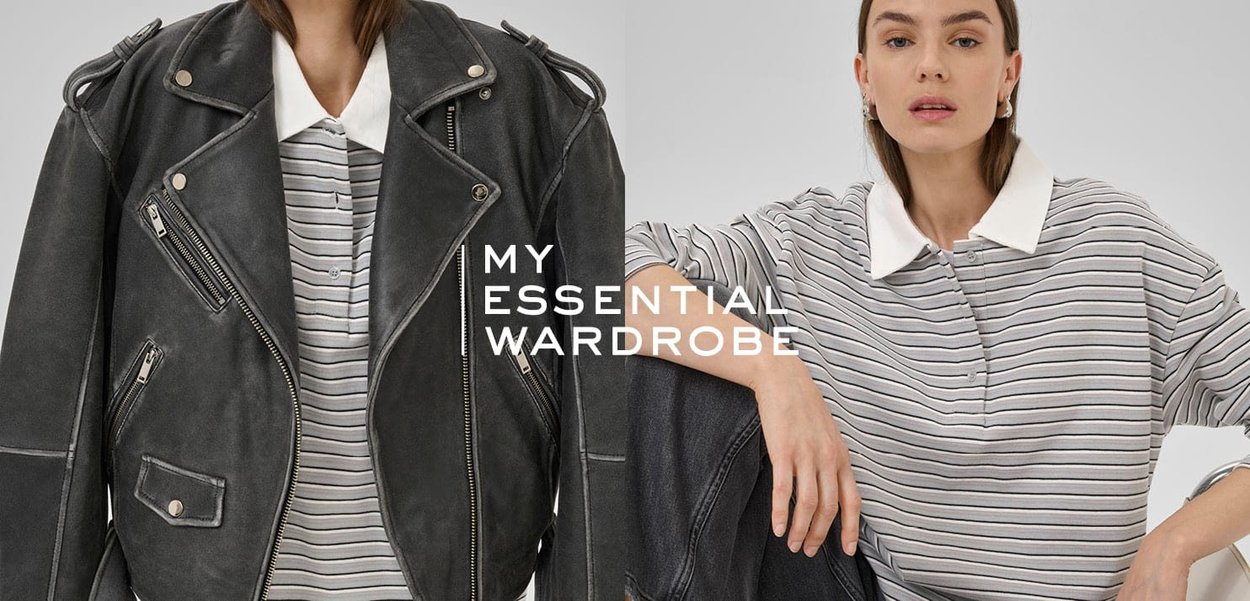 Black leather motorcycle jacket with zippers; gray striped polo shirt with white collar. Text overlay: "MY ESSENTIAL WARDROBE."