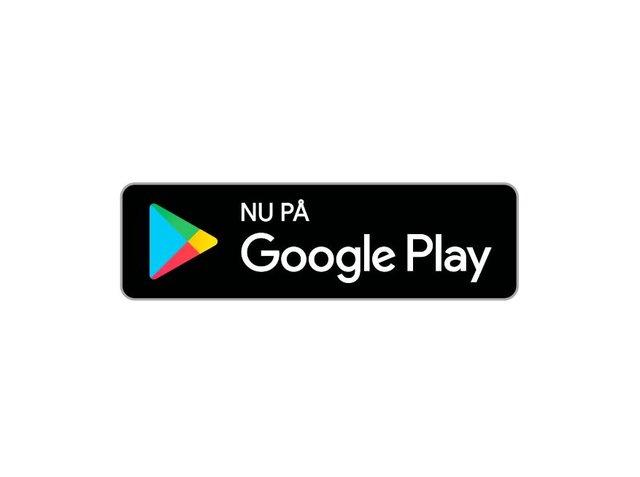 Sort rektangulært banner med hvid tekst "NU PÅ Google Play" og farverig triangulær play-ikon til venstre, der indikerer en digital applikationsbutik.