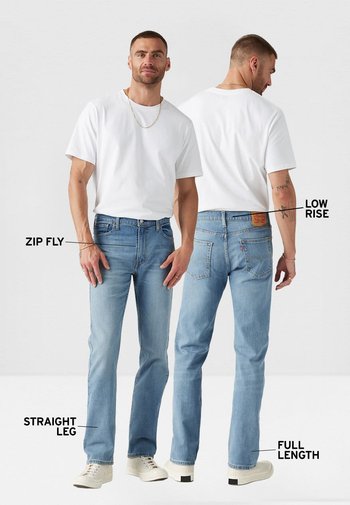 Jeans de mezclilla azul claro con diseño de tiro bajo y pierna recta, cierre con cremallera y corte de longitud completa, mostrados desde vistas frontal y trasera.