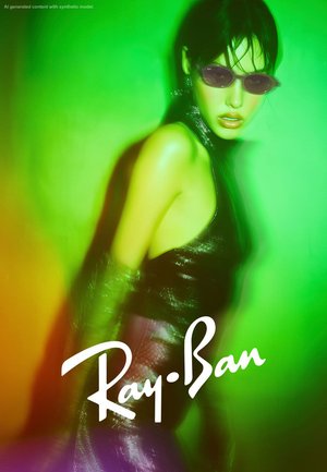 Mujer con gafas de sol oscuras y una camiseta sin mangas brillante con un fondo difuminado verde y naranja, logo de Ray-Ban en la parte inferior.
