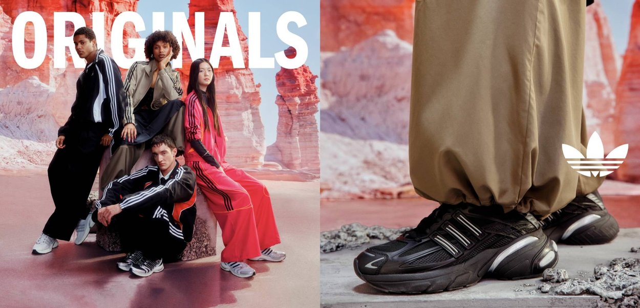 Quatre mannequins divers portant des survêtements et des baskets Adidas Originals posent devant une formation rocheuse désertique avec le texte audacieux « ORIGINALS ».