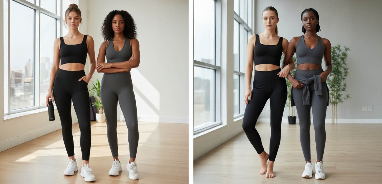 Deux ensembles de tenue de sport : hauts courts noirs et gris associés à des leggings taille haute. Les tissus sont lisses ; les leggings présentent des lignes d'accentuation.