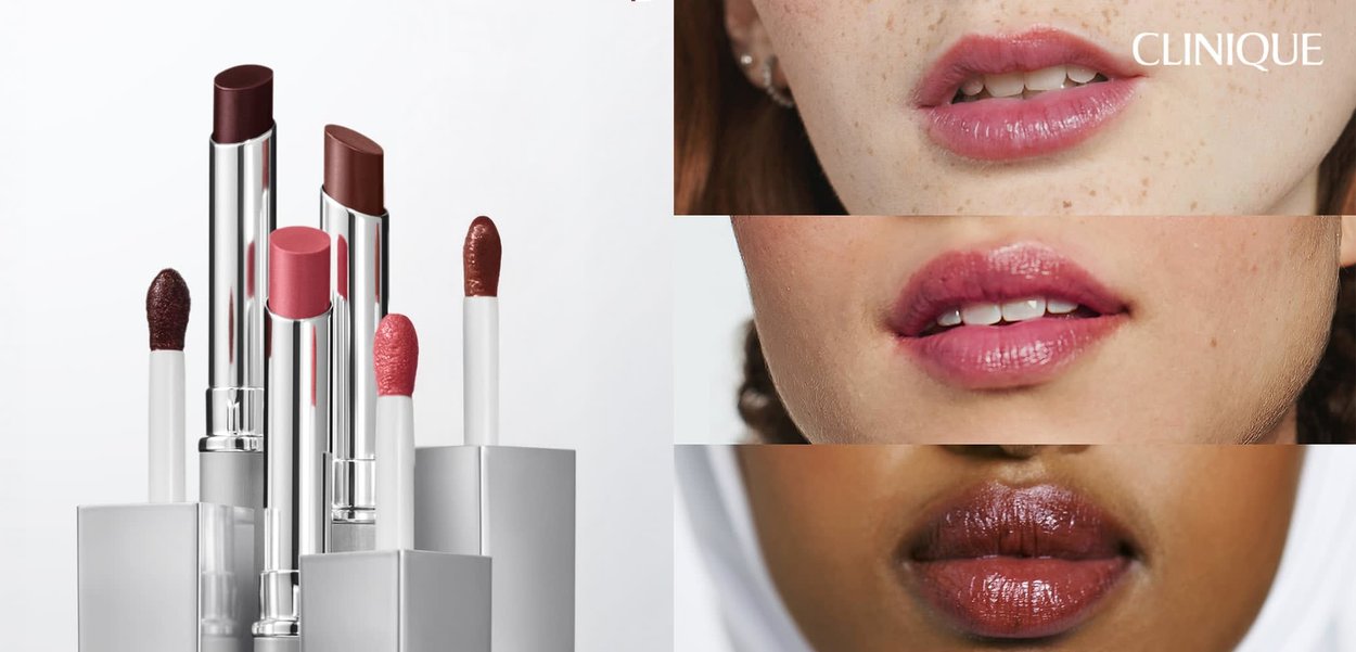 Three pairs of lips shown in close-up. Varied shades of lip color include light pink, muted rose, and deep brown, with varying gloss levels.