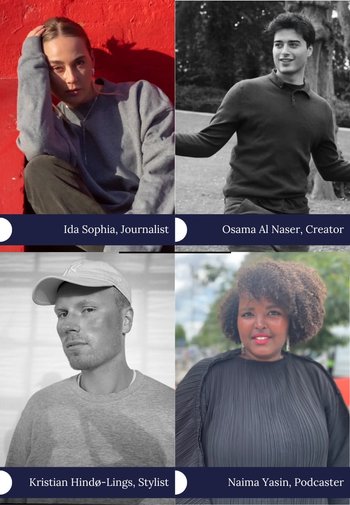 Fire portrætter: Ida har en grå sweater på, Osama i en mørk polo, Kristian i en lysegrå skjorte, Naima i en sort plisseret top; forskelligartede baggrunde.