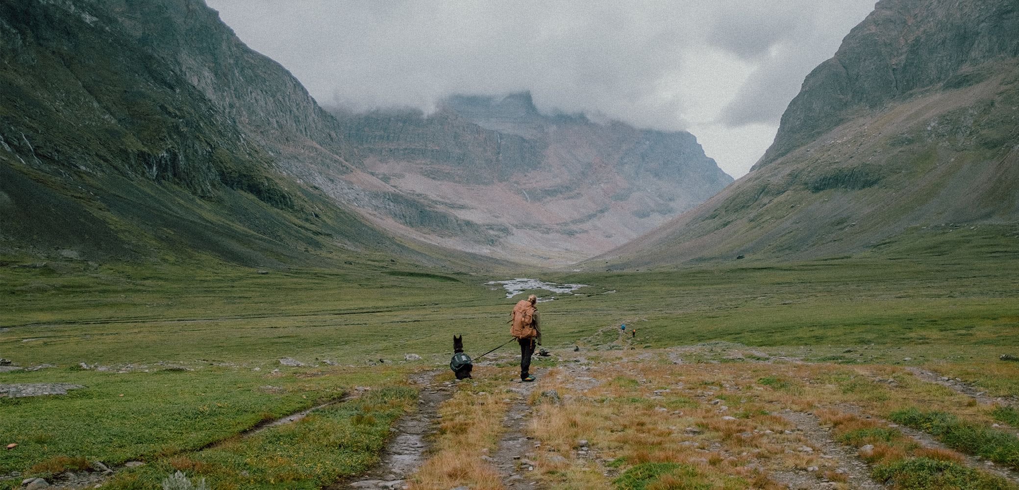 En person som går med en hund längs en ojämn jordstig genom en grön dal, omgiven av branta, klippiga berg under en molnig himmel.