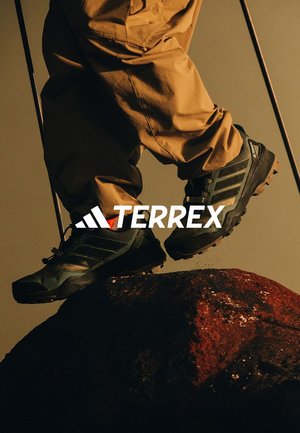 Une personne portant un pantalon marron et des chaussures de randonnée Adidas Terrex noires est en train de marcher sur une pierre tout en utilisant des bâtons de trekking.