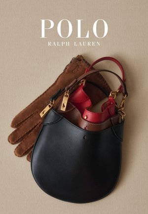Svarte, røde og brune skinnhåndvesker med gylne logoetiketter vises på brune semskede hansker, med teksten "Polo Ralph Lauren" over.