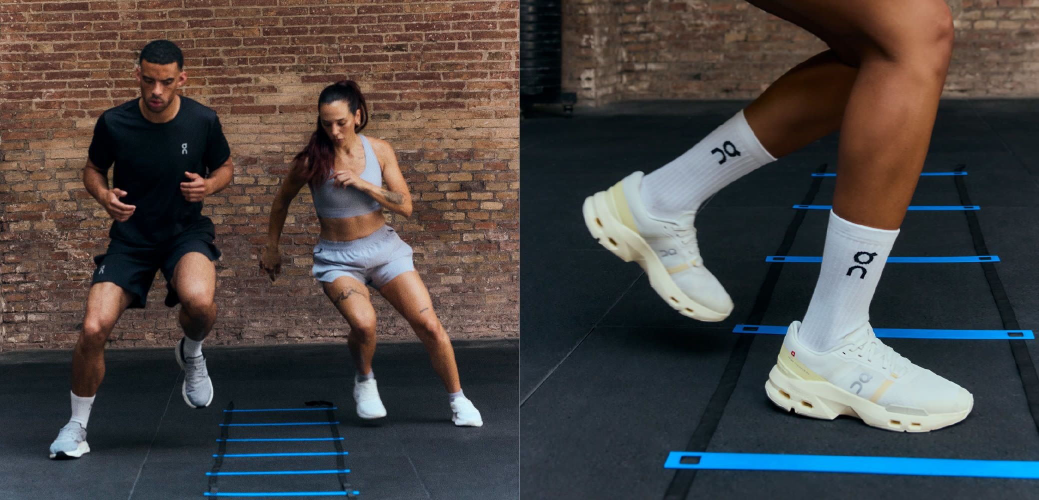 Zwei Athleten führen Agilitätsübungen auf einem Gymnastikboden mit blauen Agilitätsleitermarkierungen durch. Der eine trägt ein schwarzes Shirt, der andere ein hellgraues Outfit.
