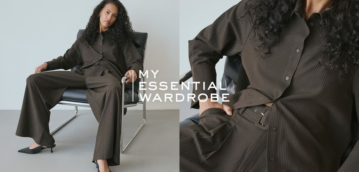 Brown pinstriped two-piece outfit with a button-up top and wide-leg pants, featuring a textured fabric and subtle sheen, paired with black heels.