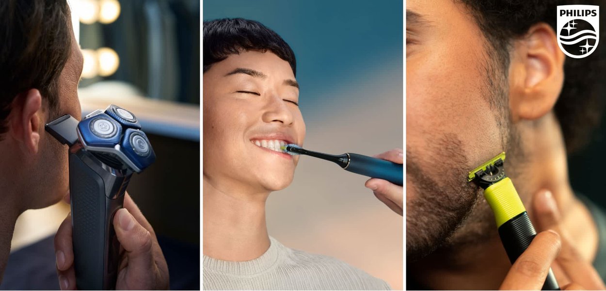 Rasoir électrique à trois têtes, gris métallique avec des accents bleus ; brosse à dents avec des composants verts et noirs ; tondeuse avec des détails jaunes et noirs.