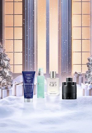 Vier Schönheitsprodukte: eine dunkelblaue Tube, eine grüne Flasche, eine weiße Flasche und eine schwarze Flasche, auf Schnee mit festlichen Dekorationen angeordnet.