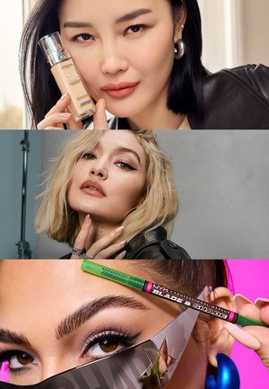 Top: kvinde med mellemtonet hud holder L’Oreal foundation; midten: blond kvinde med vingeformet eyeliner; bund: close-up af øjne med øjenbrynsblyant og stjerneformede briller.
