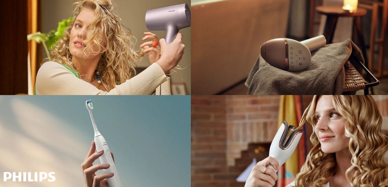 Donna che usa un asciugacapelli e uno styler per capelli, primo piano di uno spazzolino elettrico e un dispositivo portatile su un asciugamano, marchio Philips visibile.