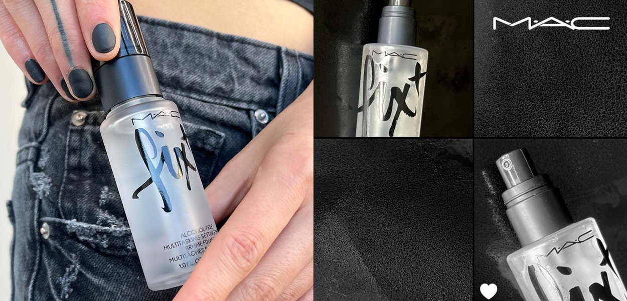Spray MAC Fix+ w matowej, frosted butelce. Butelka ma czarny dozownik oraz wyraźne czarne napisy z przodu, umieszczone na teksturowanym tle.